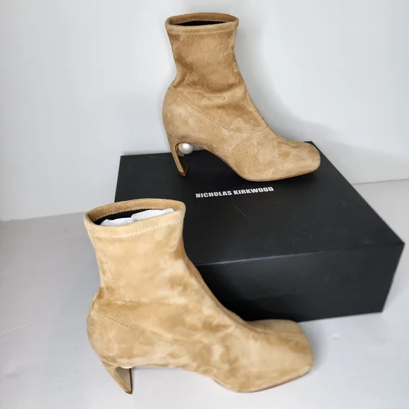 Nicholas Kirkwood Maeva Tan Ankle Boots with Pearl Heel Size 36